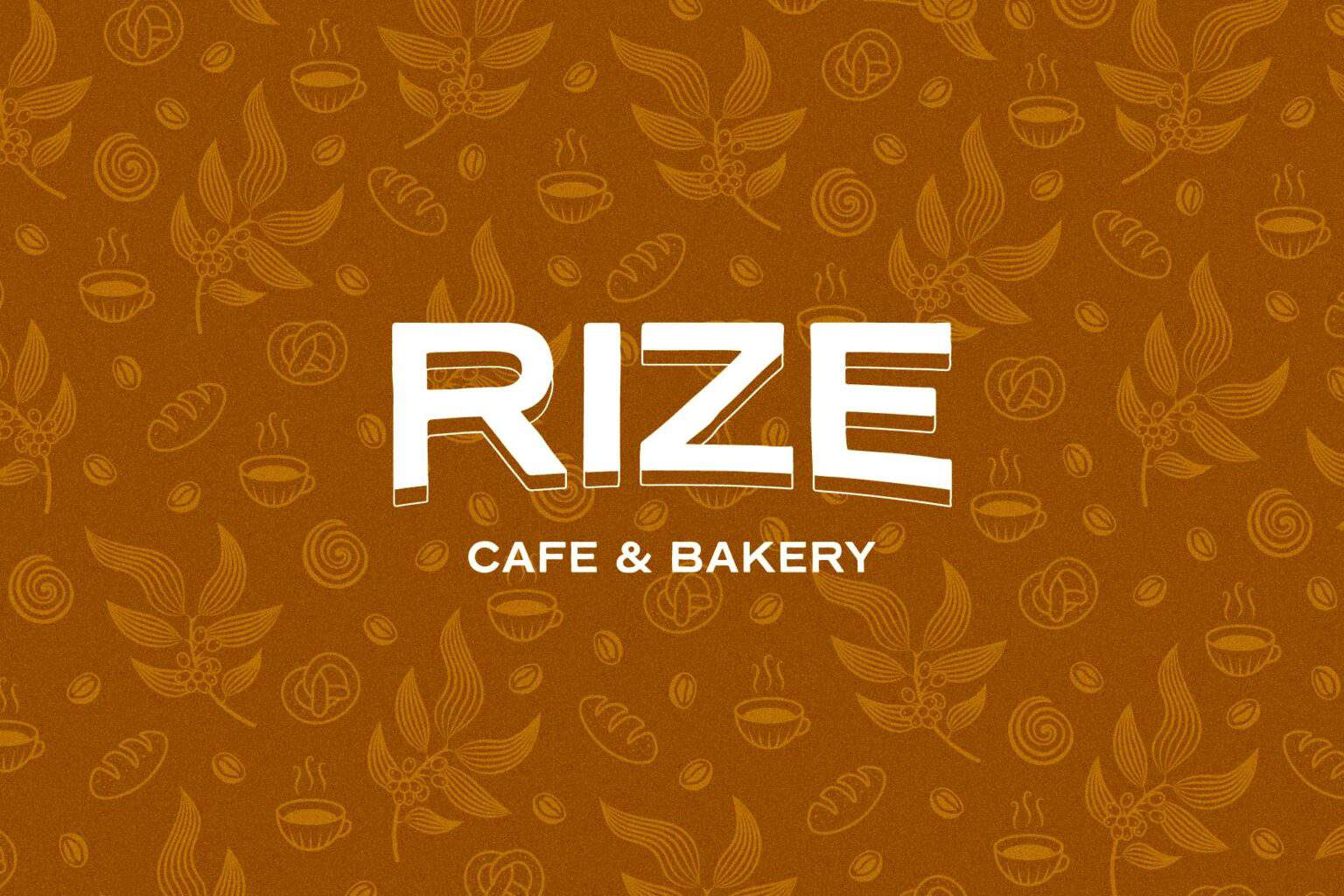 Rize wordmark logo on an illustrated coffee theme pattern background.